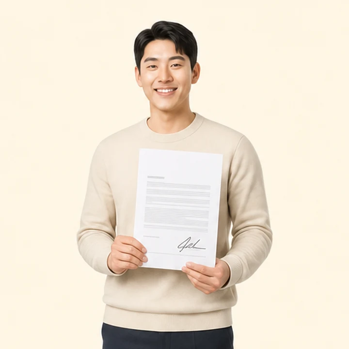 K8 신차 장기렌트 서면 견적서를 들고 있는 고객